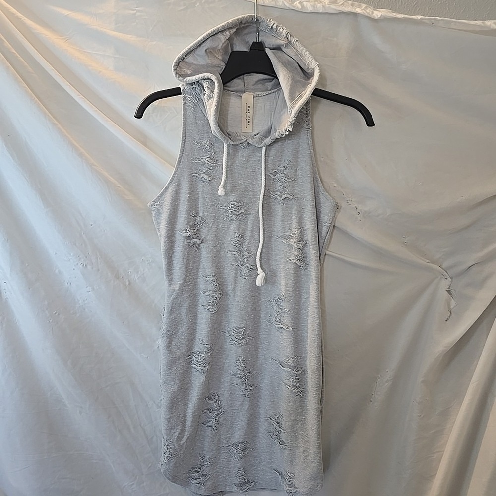 May Pink Hooded‎ All-Over Distressed Sleeveless Dress Casual Tunic Gray Y2K
